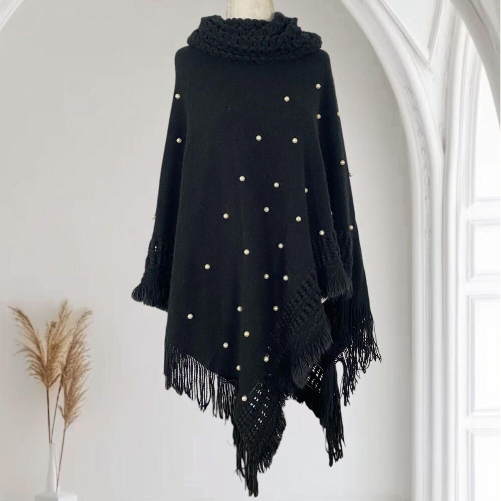 Charlotte Daniel Black Knit Pearl Beaded Knitted Shawl Poncho Top Sweater OS